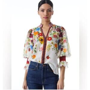 Alice + Olivia Ilan Smocked Sleeve Sunday Stroll White/Multi L